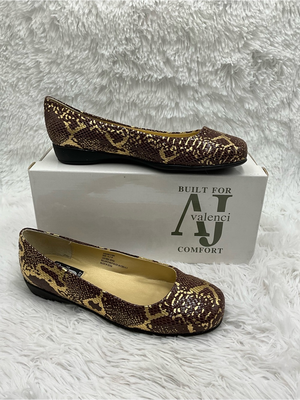 Aj Valenci Ballet Flats Size 6.5 Brown Gold Leather Snakeskin Print